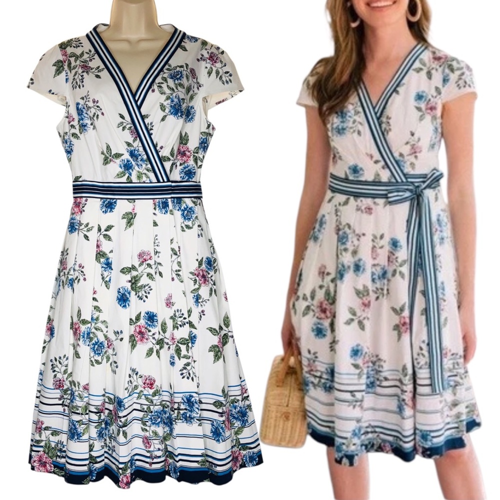 Gal Meets Glam Teresa White Floral Wrap Dress Sz 10 Navy Blue Strip Pleated READ